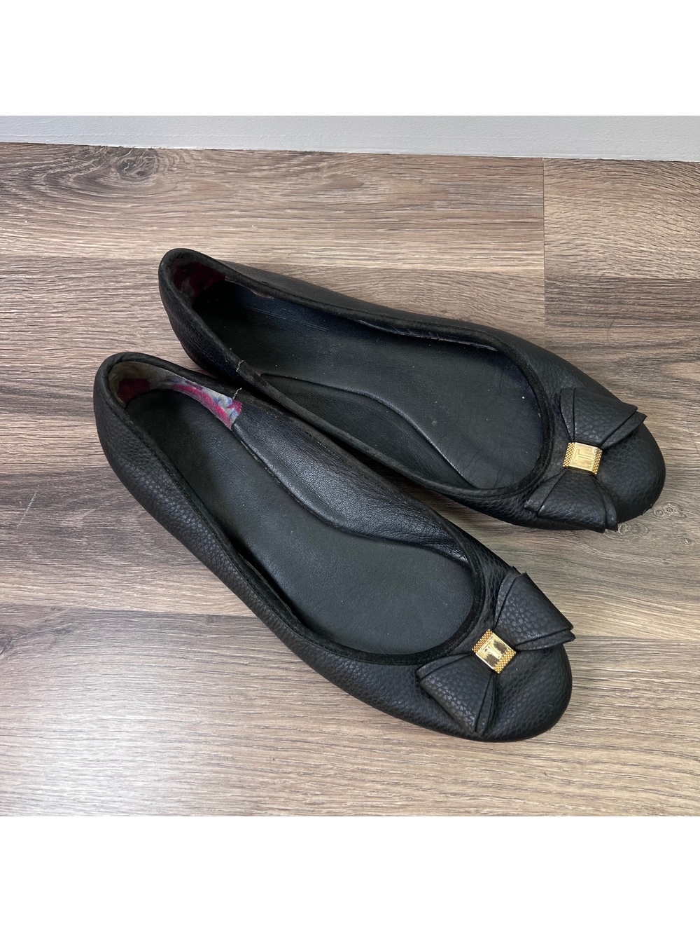 Ted Baker Black Leather Ballet Flats with Bow Accent Size 7.5 (38.5)